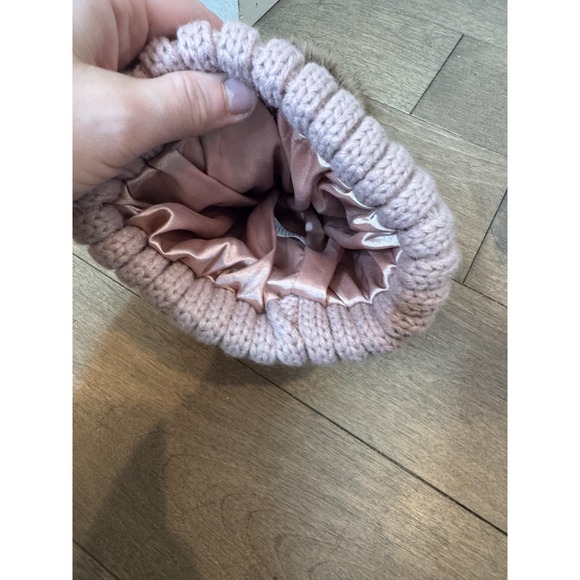 YANIBEST Beanie Hat Pink Cable Knit Satin Lined Faux Fur Pom Womens Winter - Picture 3 of 5